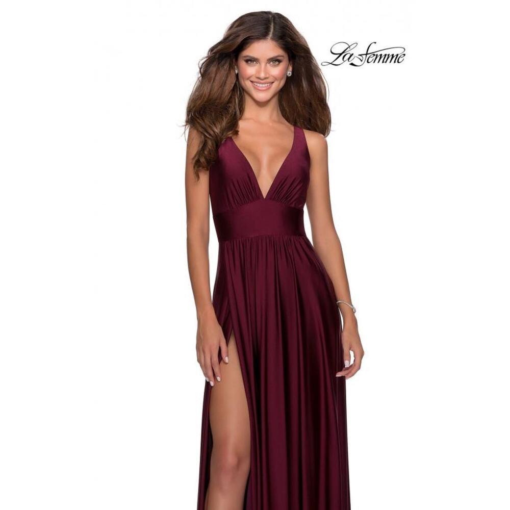 La Femme Dark Berry Empire Waist Slit Prom Formal Gown 8